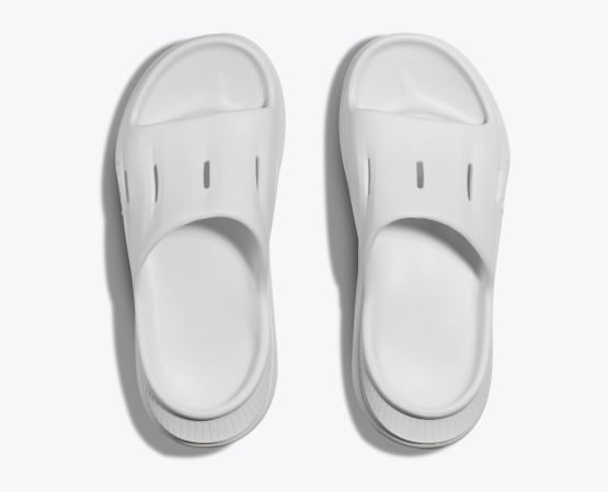 Hoka Ora Recovery Slide white, pink, green, lime, orange, and grey